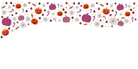 Happy halloween decoration illustration. Pumpkins, candies and spider wires decoration halloween frame. Vector illustration.