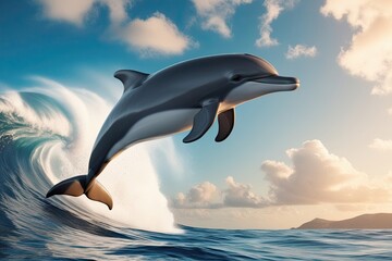 Stunning 3D Dolphin Leaping Over Waves in a Vibrant Ocean Scene