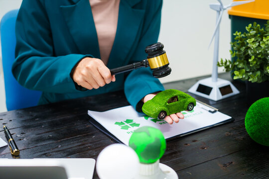 An Asian businesswoman  her desk discusses environmental laws, clean energy,wind turbines,sustainable home solutions.She emphasizes green initiatives,waste management eco-friendly cars,  preserving