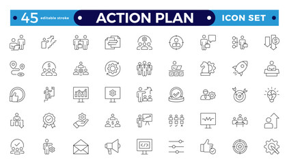 Action plan outline icon set. Containing planning, schedule, strategy, analysis, tasks, goal, collaboration, startup, steps, target, and objective icons. Editable stroke outline icon.