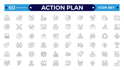 Action plan outline icon set. Containing planning, schedule, strategy, analysis, tasks, goal, collaboration, startup, steps, target, and objective icons. Editable stroke outline icon.