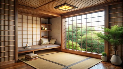 Cozy Japanese reading nook in a corner , Japanese, reading room, books, corner, cozy, interior, design, peaceful, tranquil