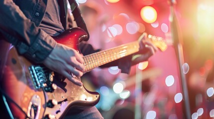 Obraz premium Guitarist performance on stage for blurred concert lights background ai generated image