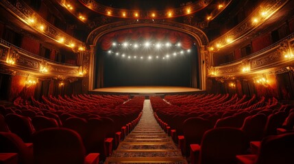 Empty theater stage with red seats and spotlights.