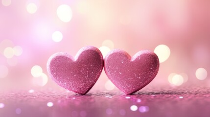 Valentines day festive background with two hearts In Shiny multicolor Background Valentine's Day glitter background
