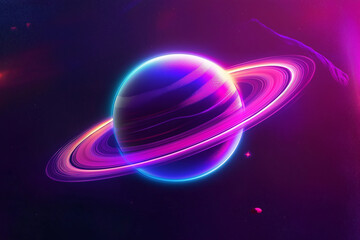 Vibrant 3D planet with glowing neon rings in space.