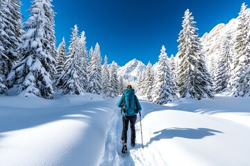 A traveler hiking through a snow-covered forest, with towering pine trees and a clear blue sky above