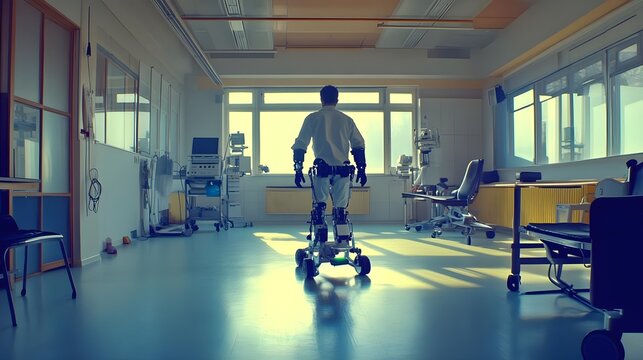 Man using modern exoskeleton in rehabilitation center