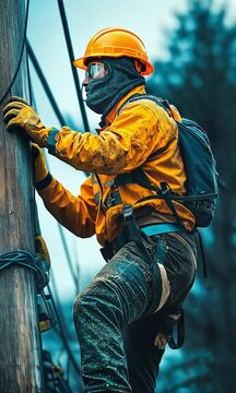 A lineman works on a phone line while using rubber gloves and flame-resistant clothes