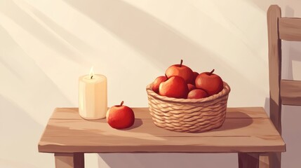 Autumn Stillness: Apples and Candle on Rustic Table
