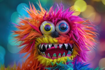 A fun and colorful rainbow furry monster puppet with large eyes and sharp teeth, perfect for children’s entertainment and puppet shows.