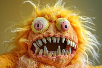 Obraz premium This vibrant and quirky yellow furry monster puppet with large eyes and sharp teeth brings humor and fun to marketing campaigns.