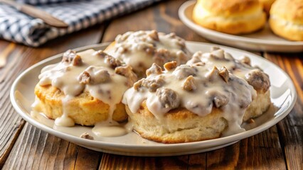Delicious biscuits and gravy topped with sausage gravy, comfort food, southern cuisine, breakfast, brunch, homemade, savory