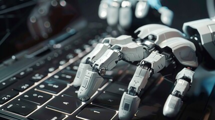 Fototapeta premium Cyborg robot hand is typing and working with laptop keyboard ai generated image