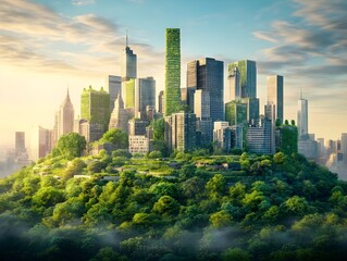Obraz premium Modern city skyline surrounded by lush greenery.