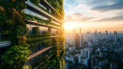 Obraz premium Modern green building at sunset over cityscape