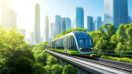 Naklejka premium Modern train traveling through urban landscape