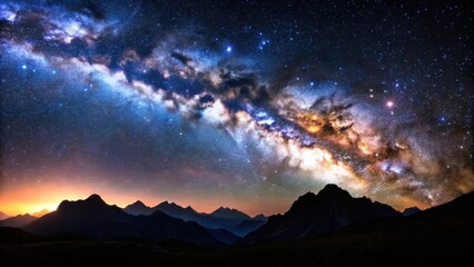 Milky way galaxy with silhouette of mountains in foreground, astrophotography, night sky, stars, nature, mountain range