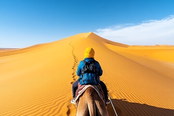 Obraz premium A traveler riding a camel through the desert, with golden sand dunes stretching into the distance