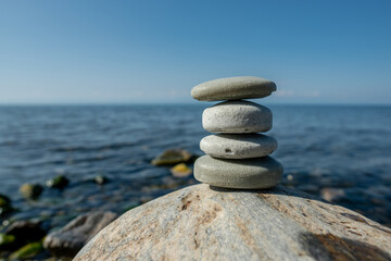 Fototapeta premium Pieces of craft soap in the shape of stones are stacked on top of each other against the background of the sea or lake. Image of organic cosmetics in a natural environment