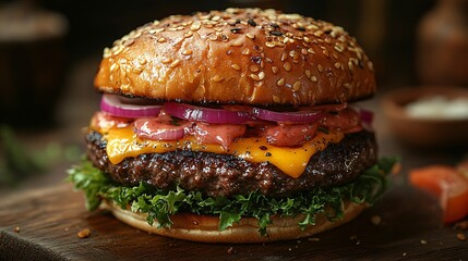 burger from a low angle to create a dramatic effect, emphasizing its height and the enticing layers