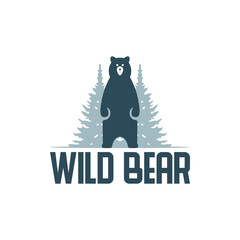 wild grizzly bear with pine trees logo design vector illustration