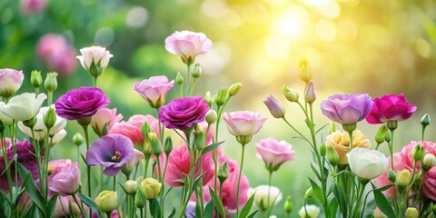 Obraz premium Beautiful blooming Eustoma flowers in a colorful garden , Eustoma, flowers, blooming, garden, colorful, petals, nature