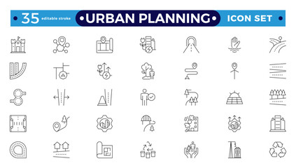 Urban planning Outline icons. City development, smart city infrastructure.plan, urban,dearchitecture, city, construction, building.  Editable stroke outline icon.
