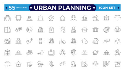 Urban planning Outline icons. City development, smart city infrastructure.plan, urban,dearchitecture, city, construction, building.  Editable stroke outline icon.
