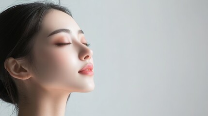Fototapeta premium The elegant profile of a young Asian woman with glowing skin, receiving a professional facial treatment, with a pristine white background