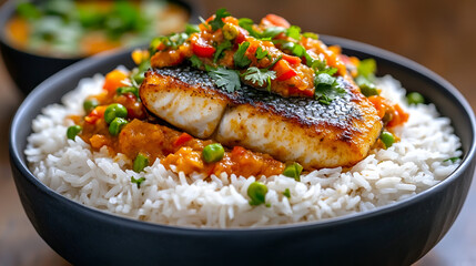 close up of rice paired with a traditional Indian fish curry The fish fillets are cooked in a tangy sauce