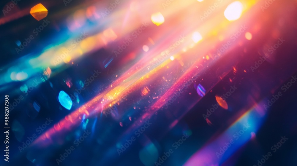 Poster prism rainbow light on dark background. holographic flare and bokeh effect