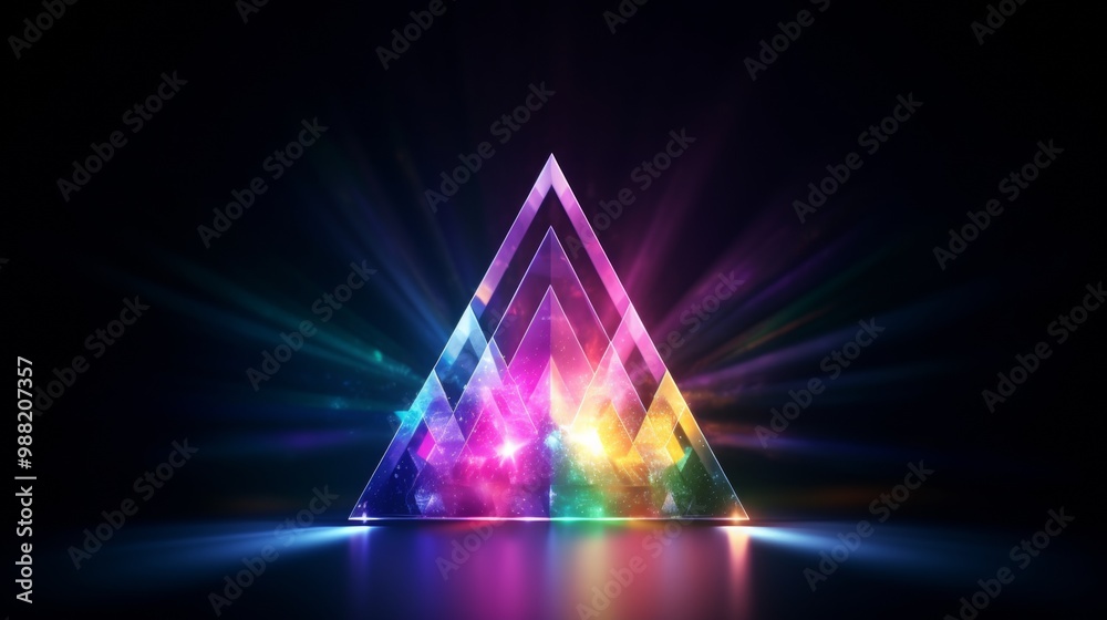 Poster prism rainbow light on dark background. holographic flare and bokeh effect
