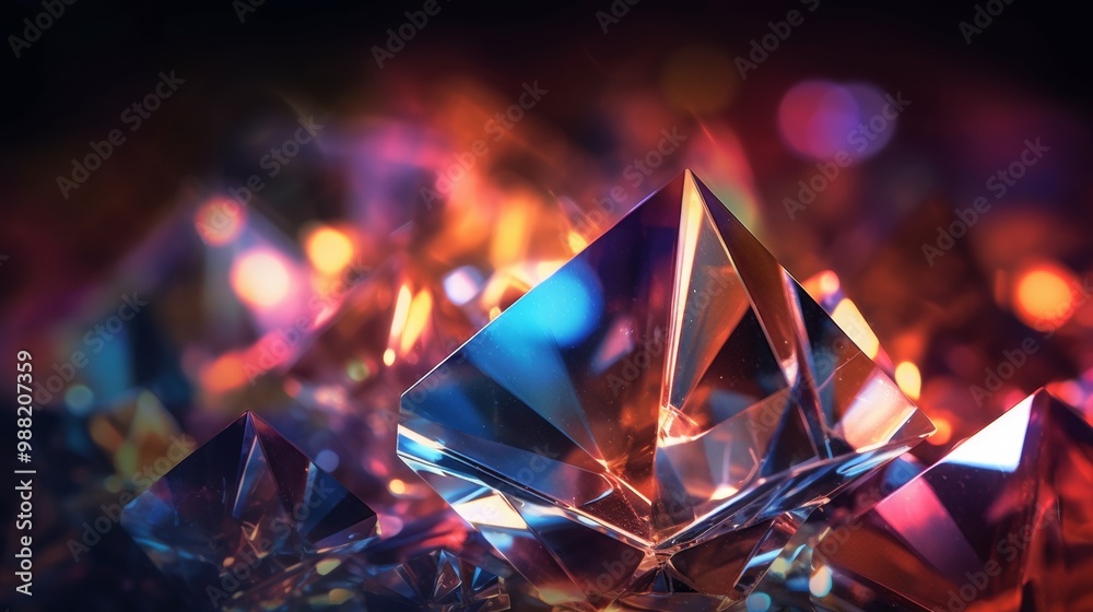 Poster prism rainbow light on dark background. holographic flare and bokeh effect