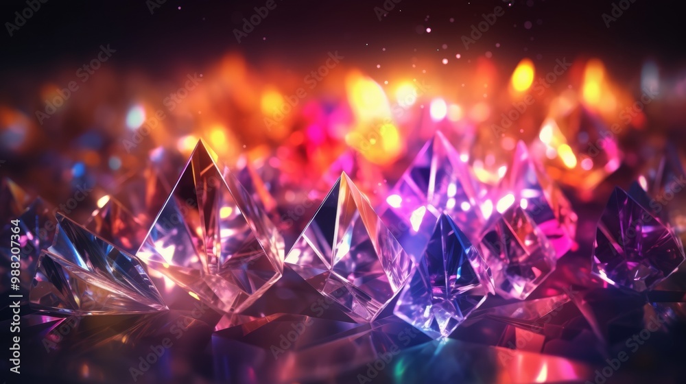 Poster prism rainbow light on dark background. holographic flare and bokeh effect