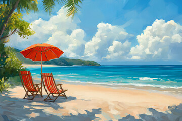 Obraz premium Chairs And Umbrella In Tropical Beach - Seascape Banner