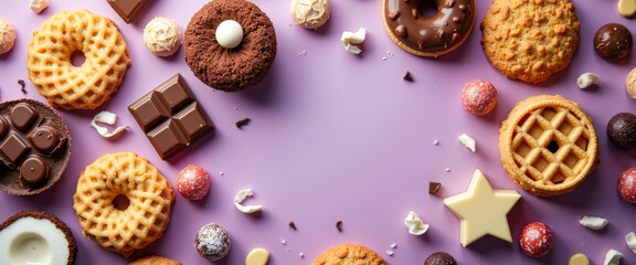 Assorted Chocolate, Cookies, and Other Sweet Treats on Purple Background