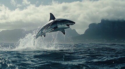 Fototapeta premium A great white shark leaps out of the water, creating a splash and a cloud of mist.