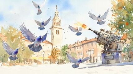 Fototapeta premium A whimsical watercolor painting of pigeons flying near a clock tower and an unusual cannon in a vibrant urban setting.