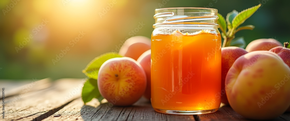 Sticker Jar of Peach Jam with Fresh Peaches