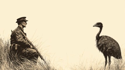 A soldier encounters an emu in a serene landscape, capturing a moment of wildlife and humanity in a unique historical context.