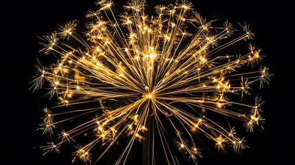 Obraz premium A dazzling display of golden fireworks bursts against a black night sky, captured in perfect symmetry.