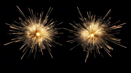 Fototapeta premium A dazzling display of golden fireworks bursts against a black night sky, captured in perfect symmetry.