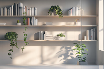 Office interior backdrop for online meetings. Light home office setting bookshelves background. Minimalist online workspace aesthetics. Video conferencing room design in pastel tones.