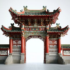 Fototapeta premium 3D Render of a Chinese temple with a grand archway entrance, on isolated white background