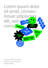 Font and paper product with y2k patches, labels, tags, stickers for flyer, poster, cover, brochure or banner. Layout template for message.