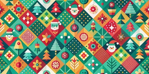 Abstract Christmas pattern featuring colorful geometric shapes and holiday icons, abstract, Christmas, pattern, background