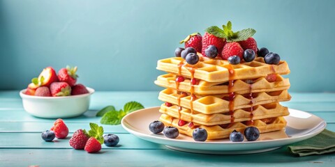 Pastel-colored waffles stacked on a plate with syrup and fruit toppings, National Waffle Day, August 24th, pastel, colorful, waffles