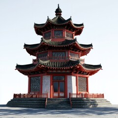 Fototapeta premium 3D Render of a Chinese temple with a large courtyard for gatherings, on isolated white background
