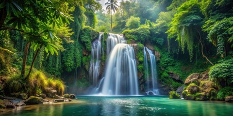 A beautiful waterfall hidden deep in the lush jungle, waterfall, jungle, nature, tropical, exotic, lush, scenery